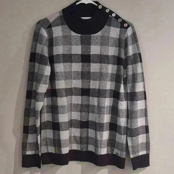 Calvin Klein long sleeve mock neck black gray check thin sweater womens medium - Picture 1 of 5